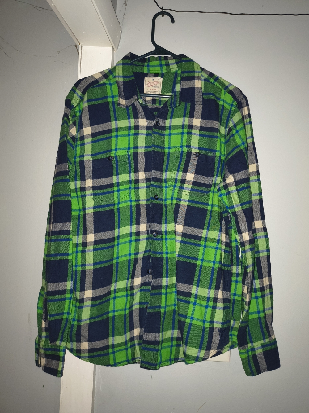 American Eagle Outfitters Green & Navy Plaid Button-Down Shirt
